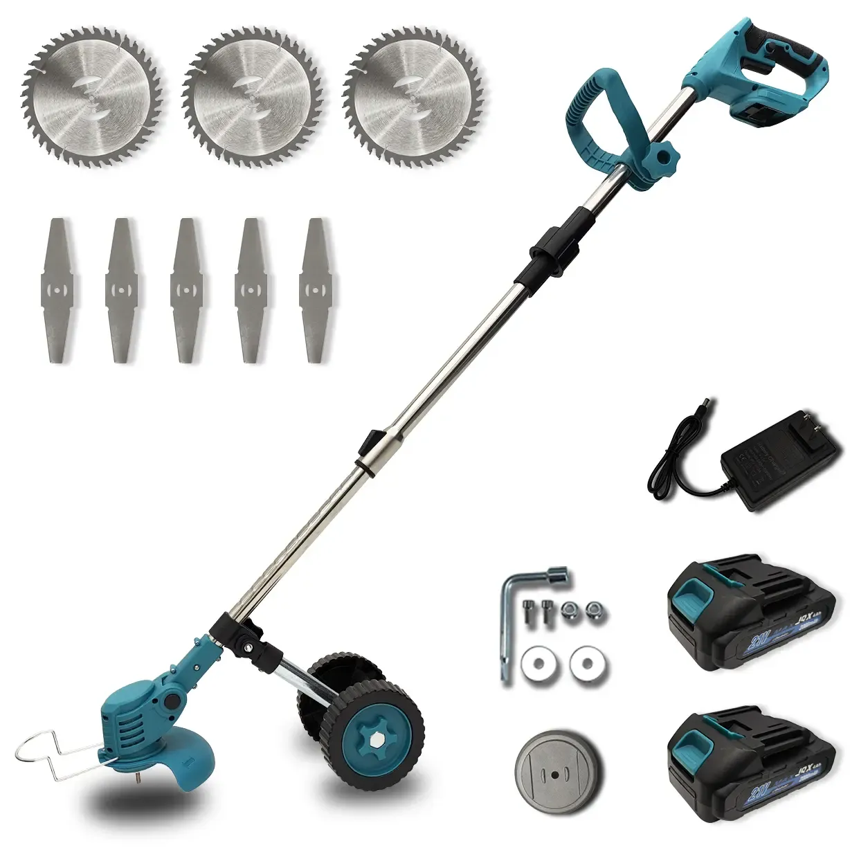 Cortacésped inalámbrico 21V, 3 en 1, con ruedas, 2 baterías y cuchillas múltiples para jardín