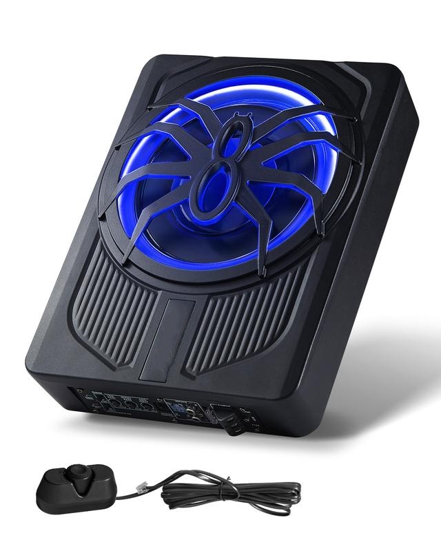 Subwoofer activo para auto de 10", 440W, diseño ultradelgado para instalar debajo del asiento. Incluye amplificador integrado, control remoto y luz ambiental azul. Ideal para autos, camionetas, SUV y RV.