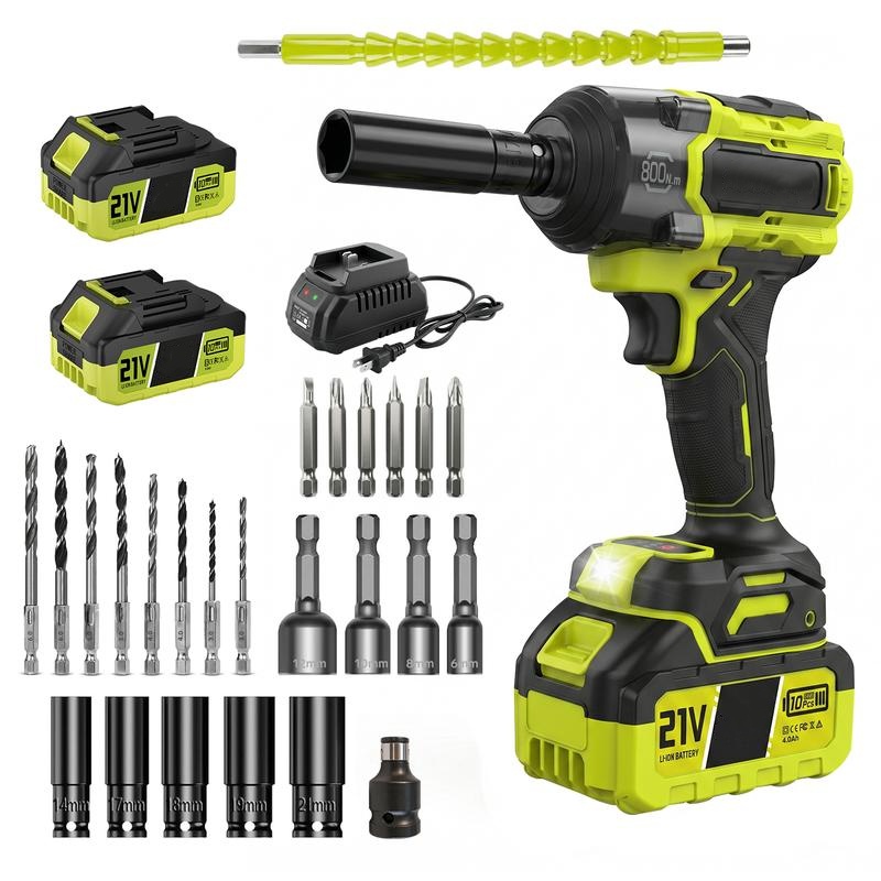 Llave de impacto inalámbrica 3 en 1 21V, alto torque 800N·m (590 ft-lbs), 3200 IPM, incluye batería doble, luz LED, 9 dados, 8 brocas, 6 tornillos y estuche. Ideal para autos, cambio de llantas y uso doméstico.
