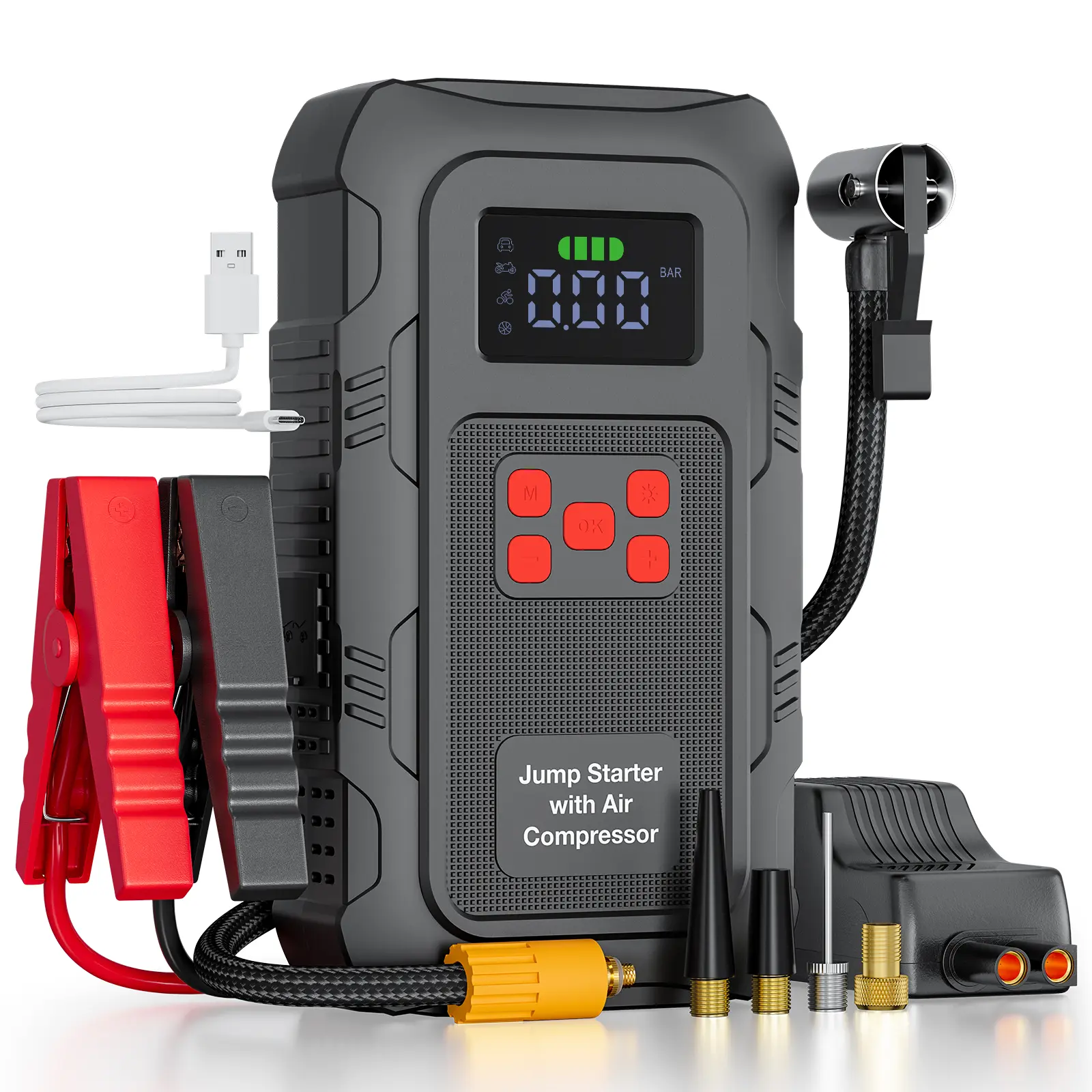 Arrancador portátil para autos HPBS Spring Outing, 6000A pico, 24000mAh, con inflador de llantas 150PSI, arrancador de batería 12V para motores (10.0L Gasolina, 8.0L Diésel), inflado rápido, power bank y luz LED.