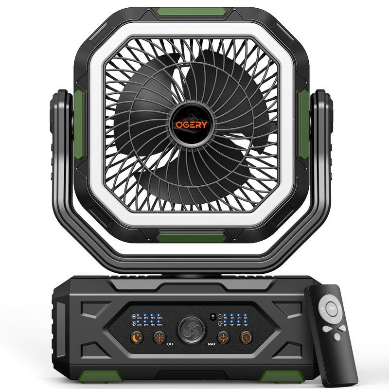 Ventilador portátil de camping 30000mAh recargable, con luz LED, cabezal 270° y control remoto, ventilador multifuncional para tienda de campaña, viajes, hogar y actividades al aire libre