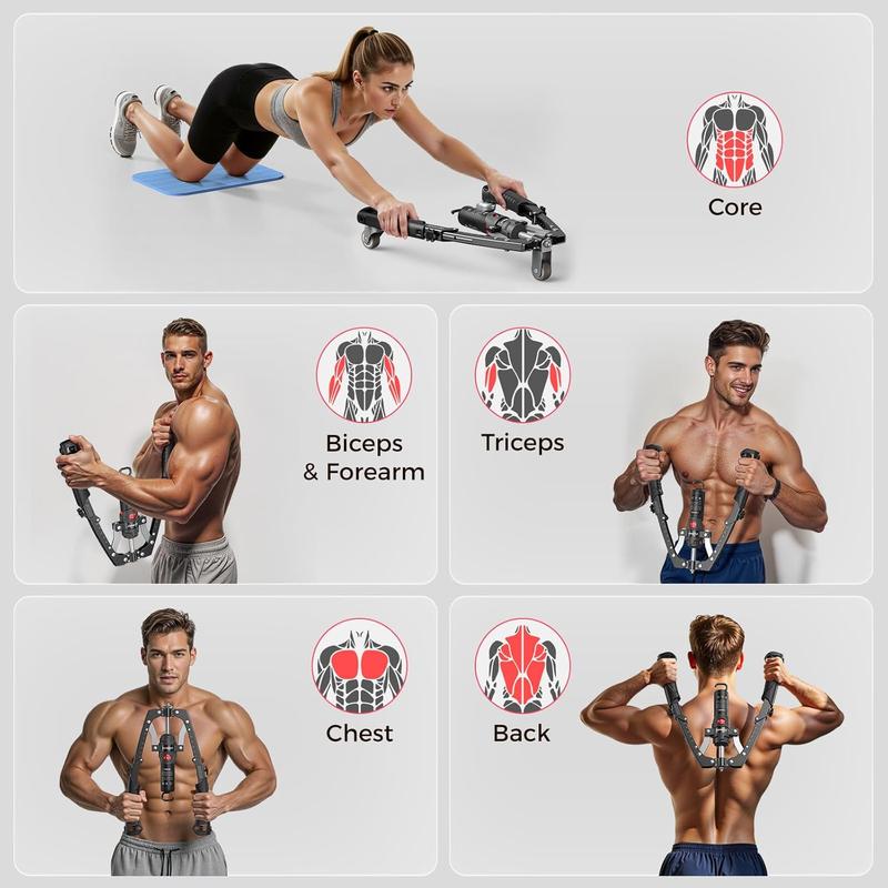 Entrenador hidráulico de pecho y brazos 3 en 1 ajustable de 22 a 440 lb, equipo para fortalecer brazos, pecho, tríceps y abdomen, incluye rueda abdominal, almohadilla y bolsa, ideal para entrenamiento en casa para hombres y mujeres