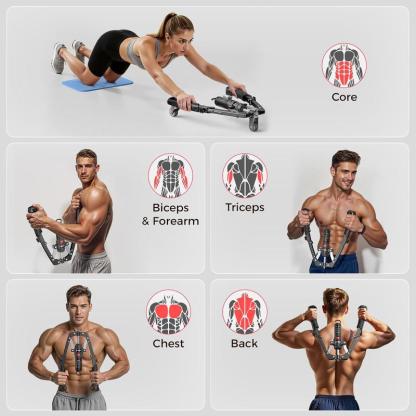 Entrenador hidráulico de pecho y brazos 3 en 1 ajustable de 22 a 440 lb, equipo para fortalecer brazos, pecho, tríceps y abdomen, incluye rueda abdominal, almohadilla y bolsa, ideal para entrenamiento en casa para hombres y mujeres