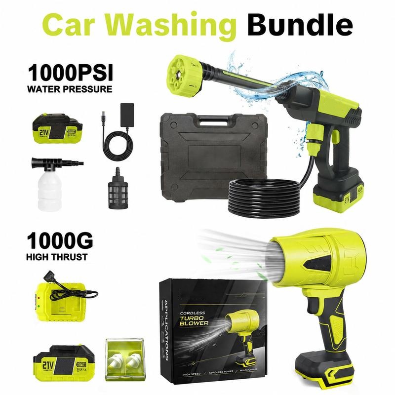 Kit Inalámbrico 2 en 1 21V, Hidrolavadora 1000 PSI y Soplador Turbo para Auto, Jardín y Hogar