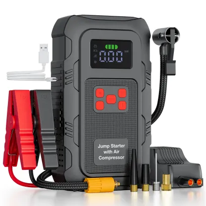 Arrancador portátil para autos HPBS Spring Outing, 6000A pico, 24000mAh, con inflador de llantas 150PSI, arrancador de batería 12V para motores (10.0L Gasolina, 8.0L Diésel), inflado rápido, power bank y luz LED.