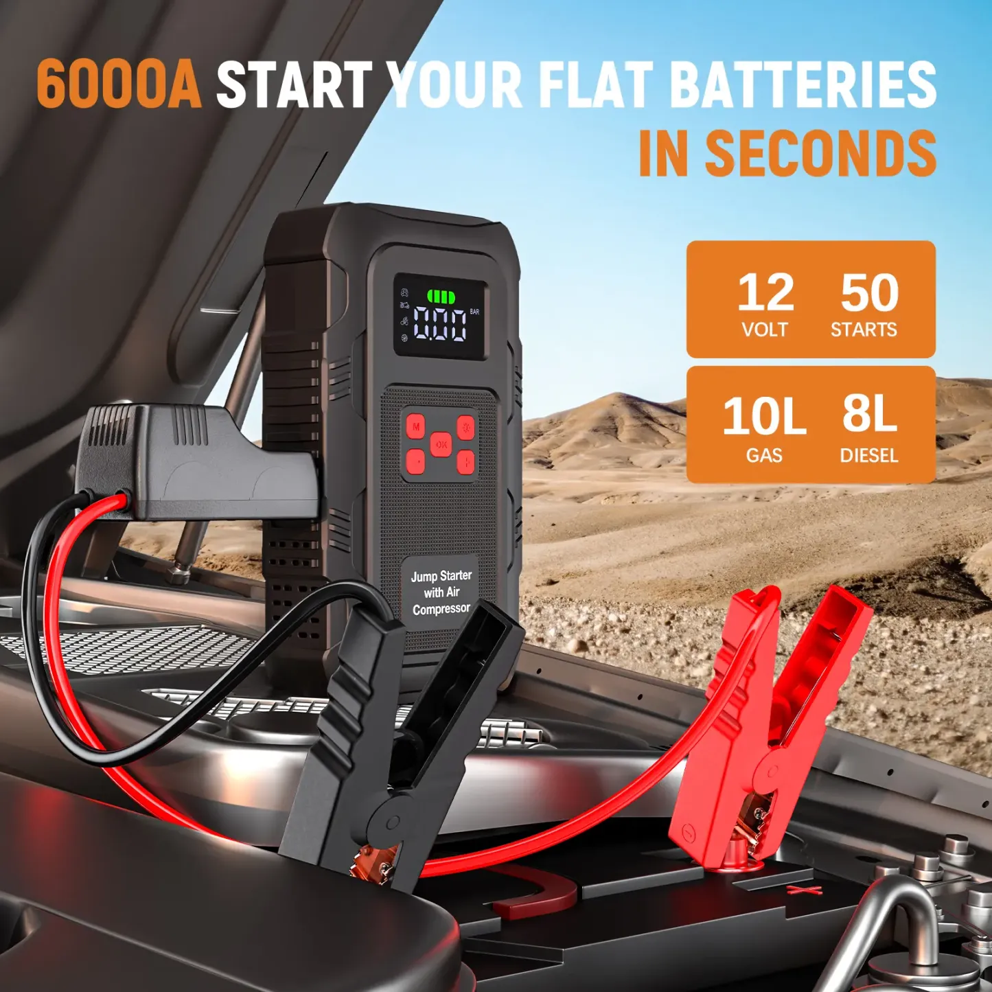 Arrancador portátil para autos HPBS Spring Outing, 6000A pico, 24000mAh, con inflador de llantas 150PSI, arrancador de batería 12V para motores (10.0L Gasolina, 8.0L Diésel), inflado rápido, power bank y luz LED.