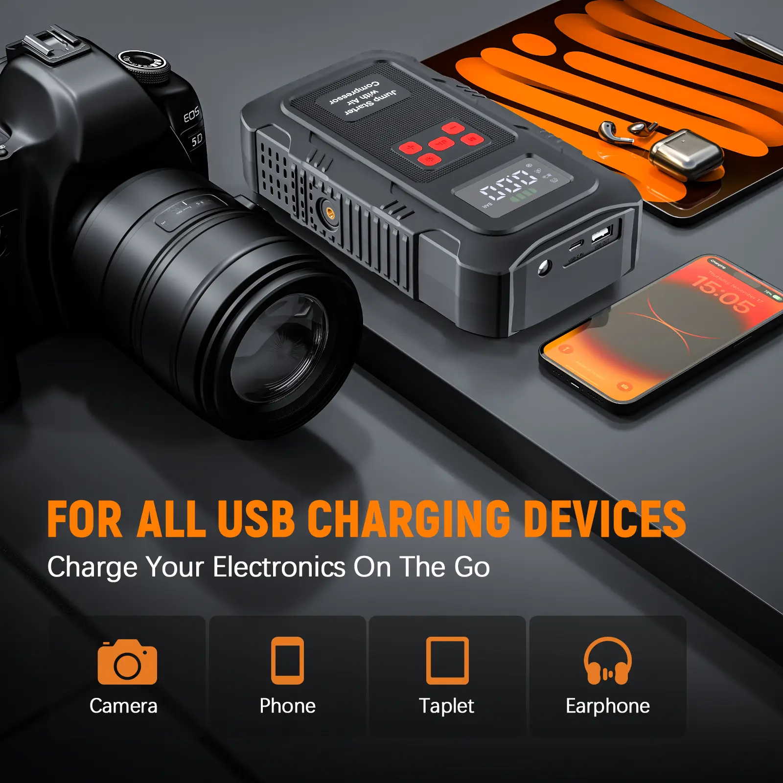 Arrancador portátil para autos HPBS Spring Outing, 6000A pico, 24000mAh, con inflador de llantas 150PSI, arrancador de batería 12V para motores (10.0L Gasolina, 8.0L Diésel), inflado rápido, power bank y luz LED.