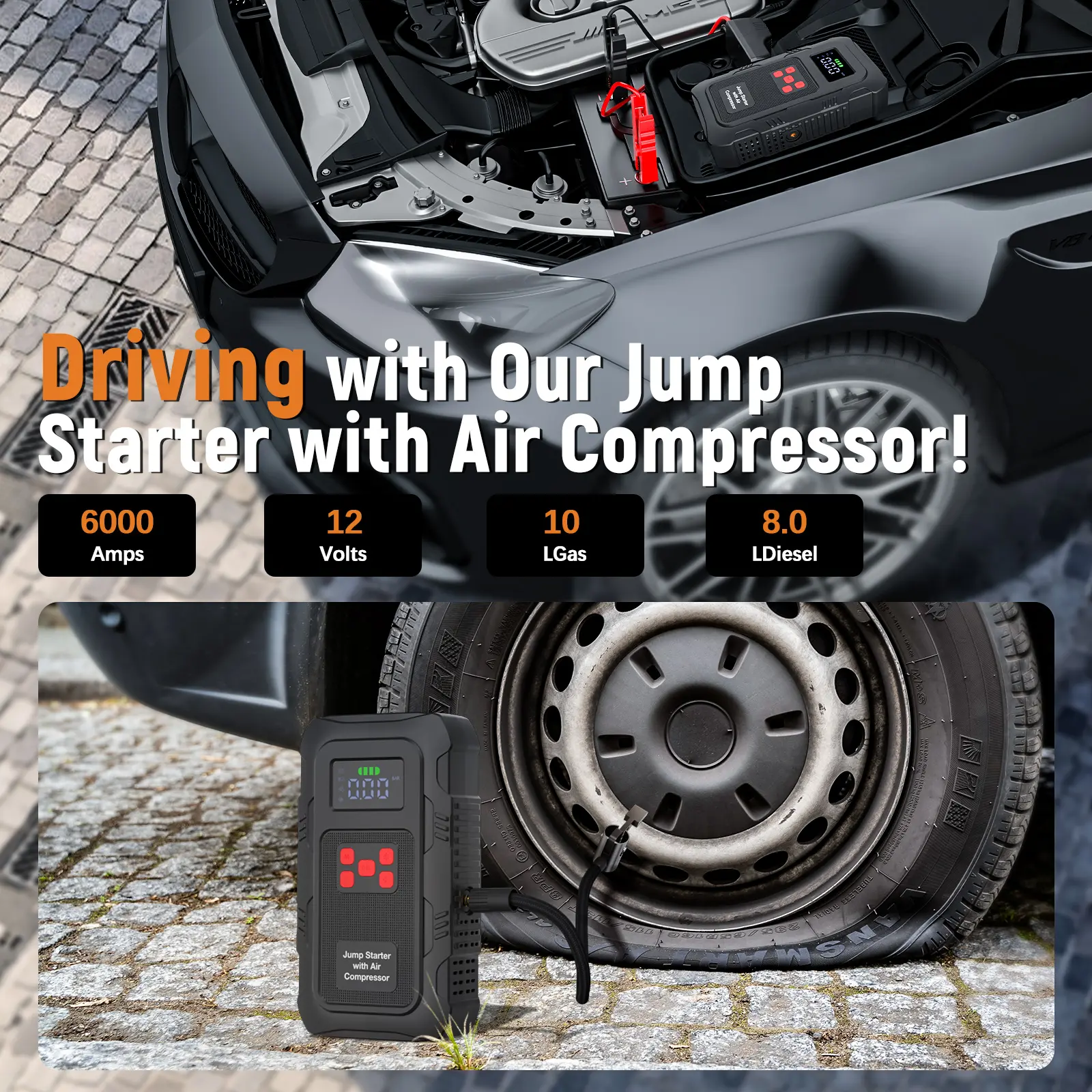 Arrancador portátil para autos HPBS Spring Outing, 6000A pico, 24000mAh, con inflador de llantas 150PSI, arrancador de batería 12V para motores (10.0L Gasolina, 8.0L Diésel), inflado rápido, power bank y luz LED.