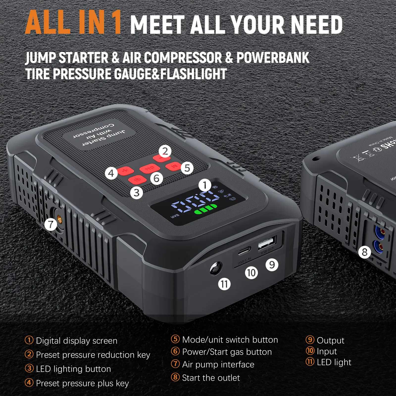 Arrancador portátil para autos HPBS Spring Outing, 6000A pico, 24000mAh, con inflador de llantas 150PSI, arrancador de batería 12V para motores (10.0L Gasolina, 8.0L Diésel), inflado rápido, power bank y luz LED.