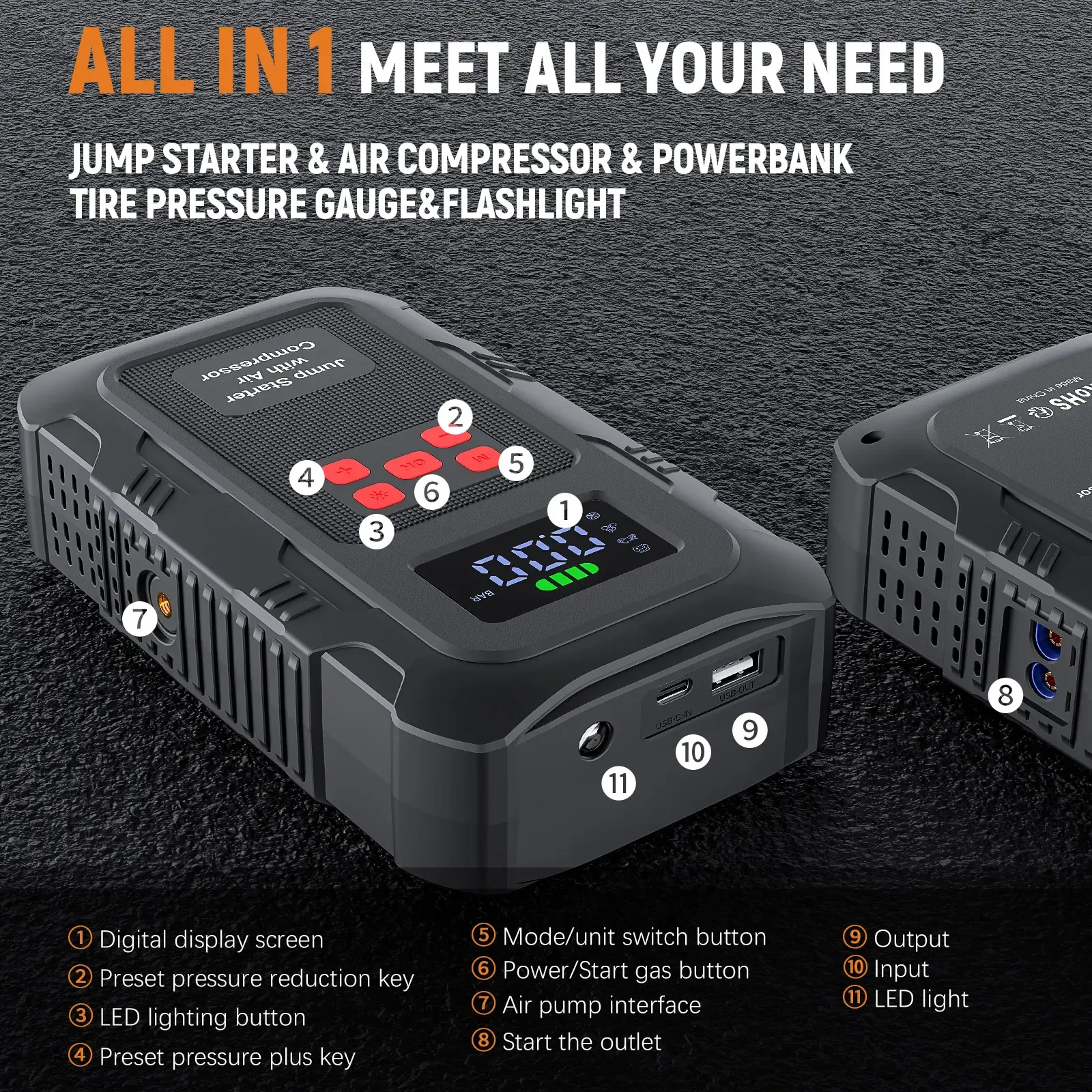 Arrancador portátil para autos HPBS Spring Outing, 6000A pico, 24000mAh, con inflador de llantas 150PSI, arrancador de batería 12V para motores (10.0L Gasolina, 8.0L Diésel), inflado rápido, power bank y luz LED.