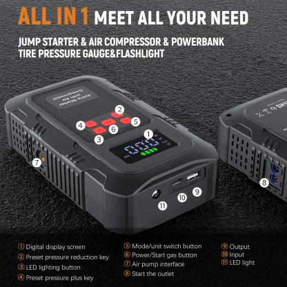 Arrancador portátil para autos HPBS Spring Outing, 6000A pico, 24000mAh, con inflador de llantas 150PSI, arrancador de batería 12V para motores (10.0L Gasolina, 8.0L Diésel), inflado rápido, power bank y luz LED.