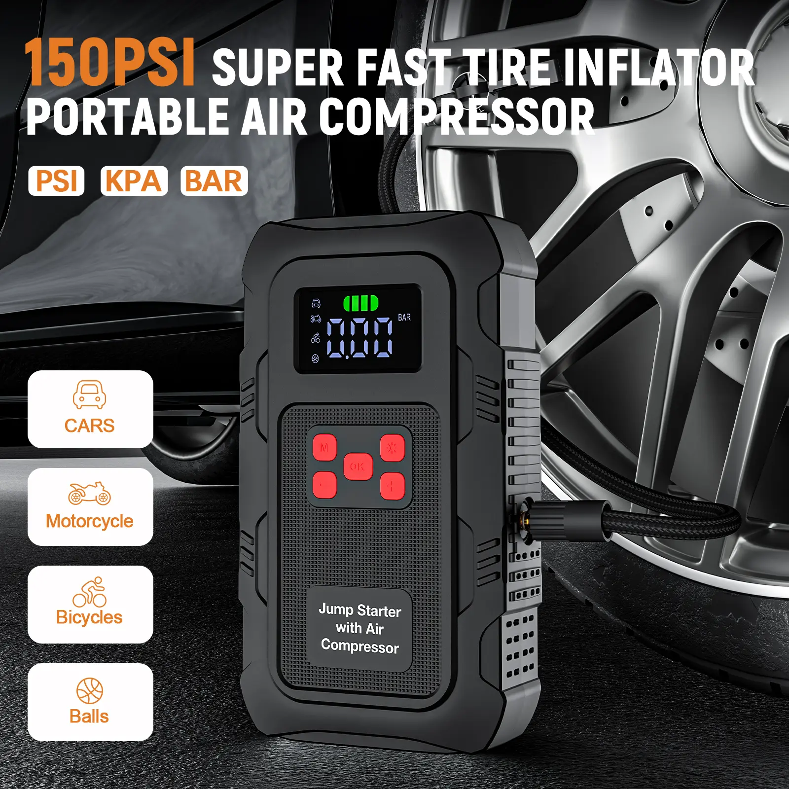 Arrancador portátil para autos HPBS Spring Outing, 6000A pico, 24000mAh, con inflador de llantas 150PSI, arrancador de batería 12V para motores (10.0L Gasolina, 8.0L Diésel), inflado rápido, power bank y luz LED.