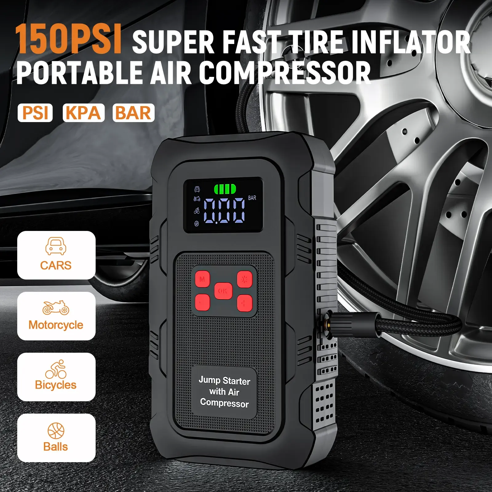 Arrancador portátil para autos HPBS Spring Outing, 6000A pico, 24000mAh, con inflador de llantas 150PSI, arrancador de batería 12V para motores (10.0L Gasolina, 8.0L Diésel), inflado rápido, power bank y luz LED.
