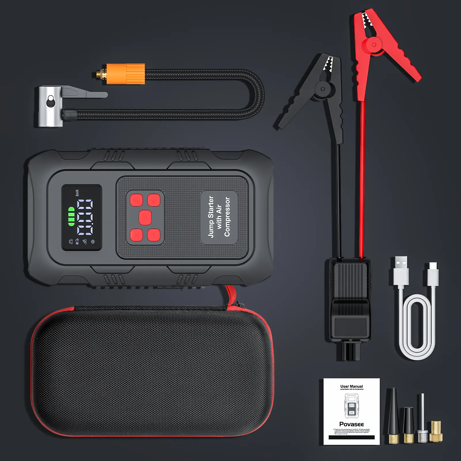 Arrancador portátil para autos HPBS Spring Outing, 6000A pico, 24000mAh, con inflador de llantas 150PSI, arrancador de batería 12V para motores (10.0L Gasolina, 8.0L Diésel), inflado rápido, power bank y luz LED.
