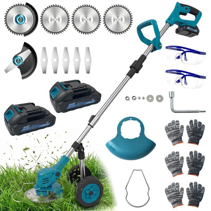 Desbrozadora inalámbrica 21V con batería, 18000RPM, cortadora de césped ligera fácil de usar, incluye 2 baterías y cargador, con 2 tipos de cuchillas para jardín, patio y césped.