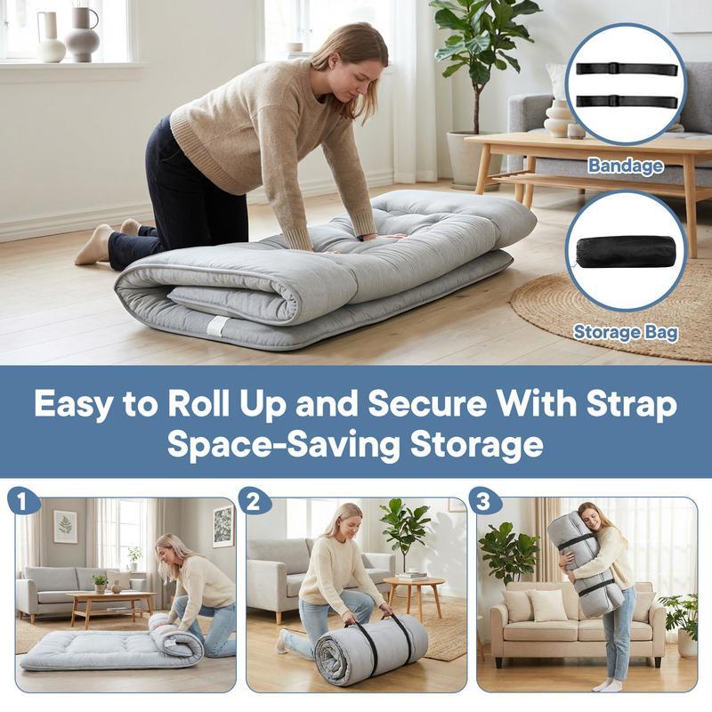 Sweetcrispy Polyester Memory Foam Futon Mattress - Foldable Roll Up Sleeping Tatami Mat, Pressure Relief, Unfold-Easy, Durable, Space-Saving, Comfortable, Travel-Friendly, with Storage Bag for Kids
