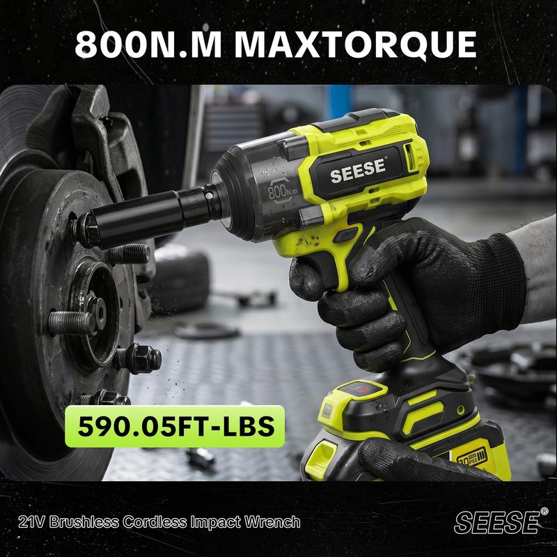 Llave de impacto inalámbrica 3 en 1 21V, alto torque 800N·m (590 ft-lbs), 3200 IPM, incluye batería doble, luz LED, 9 dados, 8 brocas, 6 tornillos y estuche. Ideal para autos, cambio de llantas y uso doméstico.
