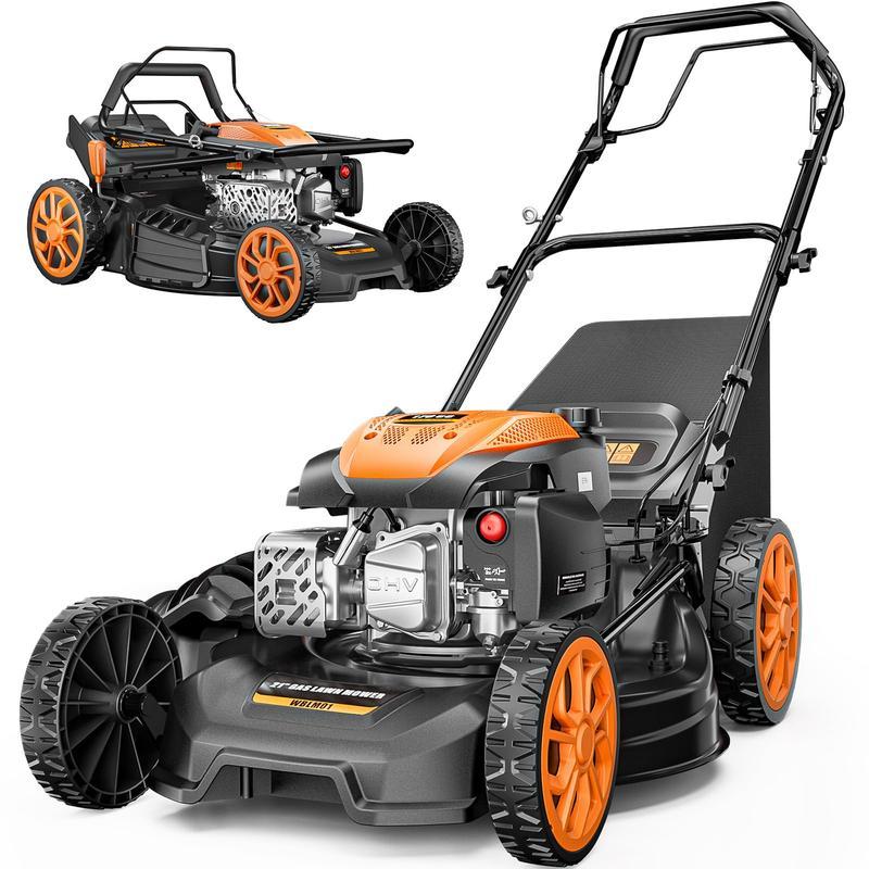 Podadora de gasolina autopropulsada de 21", motor 170CC, sistema 4 en 1 (triturado, bolsa trasera, descarga lateral y trasera), 7 niveles de altura de corte, diseño plegable, ideal para jardín y patio.