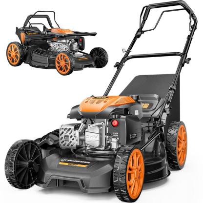 Podadora de gasolina autopropulsada de 21", motor 170CC, sistema 4 en 1 (triturado, bolsa trasera, descarga lateral y trasera), 7 niveles de altura de corte, diseño plegable, ideal para jardín y patio.