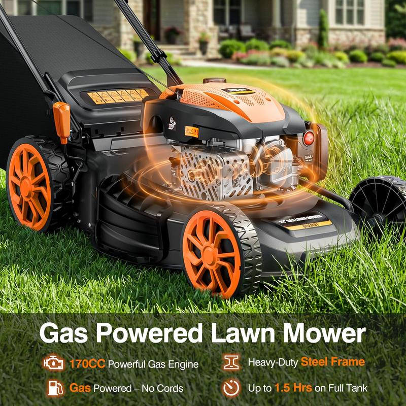 Podadora de gasolina autopropulsada de 21", motor 170CC, sistema 4 en 1 (triturado, bolsa trasera, descarga lateral y trasera), 7 niveles de altura de corte, diseño plegable, ideal para jardín y patio.
