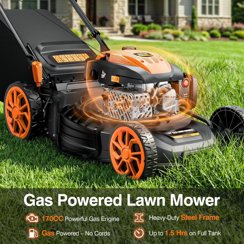 Podadora de gasolina autopropulsada de 21", motor 170CC, sistema 4 en 1 (triturado, bolsa trasera, descarga lateral y trasera), 7 niveles de altura de corte, diseño plegable, ideal para jardín y patio.