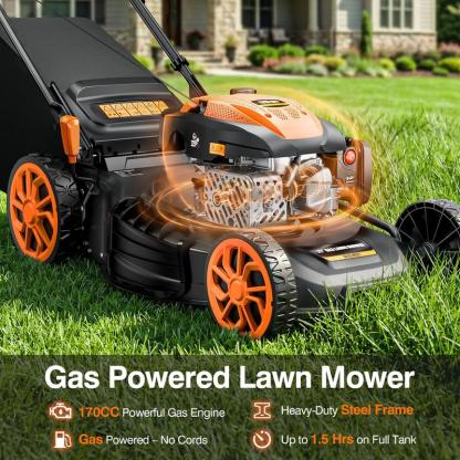 Podadora de gasolina autopropulsada de 21", motor 170CC, sistema 4 en 1 (triturado, bolsa trasera, descarga lateral y trasera), 7 niveles de altura de corte, diseño plegable, ideal para jardín y patio.