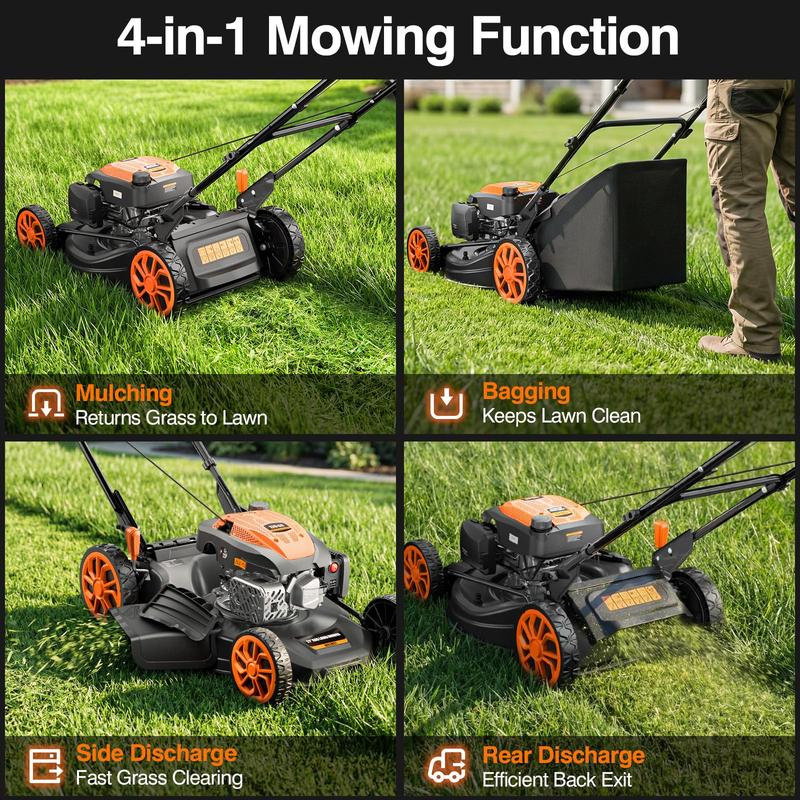 Podadora de gasolina autopropulsada de 21", motor 170CC, sistema 4 en 1 (triturado, bolsa trasera, descarga lateral y trasera), 7 niveles de altura de corte, diseño plegable, ideal para jardín y patio.