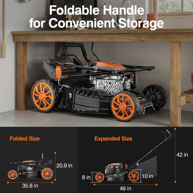 Podadora de gasolina autopropulsada de 21", motor 170CC, sistema 4 en 1 (triturado, bolsa trasera, descarga lateral y trasera), 7 niveles de altura de corte, diseño plegable, ideal para jardín y patio.