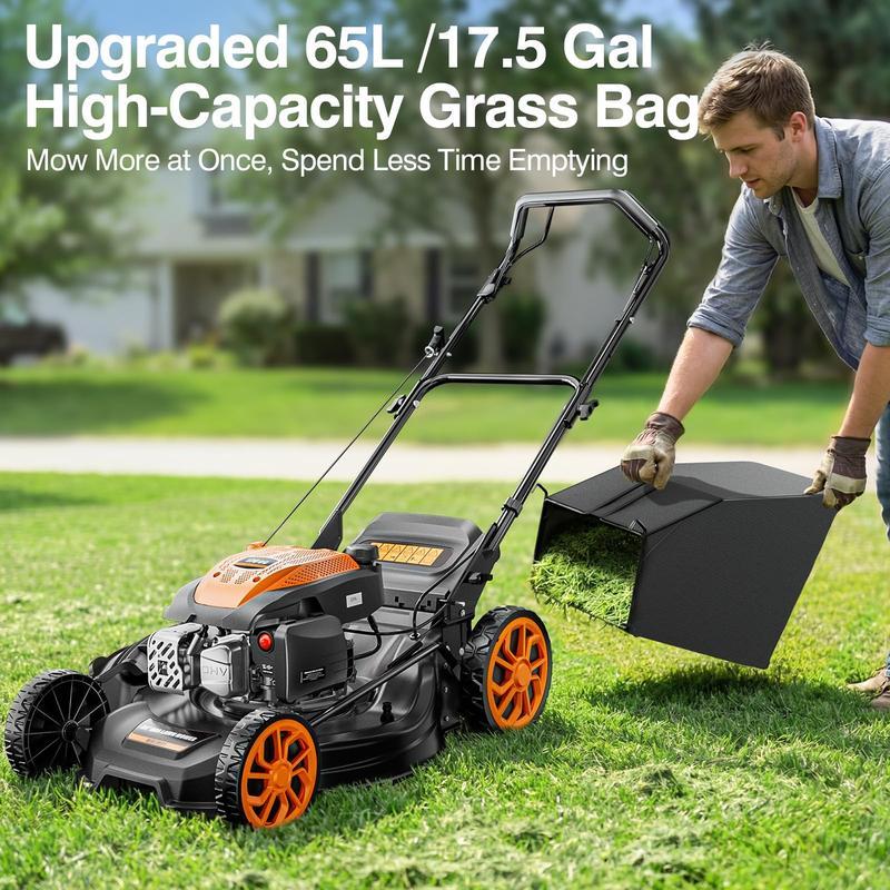 Podadora de gasolina autopropulsada de 21", motor 170CC, sistema 4 en 1 (triturado, bolsa trasera, descarga lateral y trasera), 7 niveles de altura de corte, diseño plegable, ideal para jardín y patio.