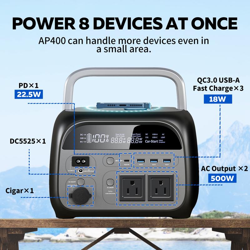 Estación de energía portátil 500W/345Wh con batería LiFePO4, UPS integrado, cargador inalámbrico, compatible con carga solar, ideal para camping, emergencias, CPAP y respaldo de energía para dispositivos electrónicos.