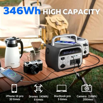 Estación de energía portátil 500W/345Wh con batería LiFePO4, UPS integrado, cargador inalámbrico, compatible con carga solar, ideal para camping, emergencias, CPAP y respaldo de energía para dispositivos electrónicos.