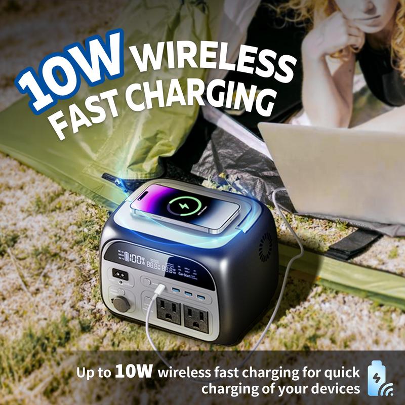 Estación de energía portátil 500W/345Wh con batería LiFePO4, UPS integrado, cargador inalámbrico, compatible con carga solar, ideal para camping, emergencias, CPAP y respaldo de energía para dispositivos electrónicos.