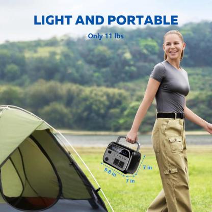 Estación de energía portátil 500W/345Wh con batería LiFePO4, UPS integrado, cargador inalámbrico, compatible con carga solar, ideal para camping, emergencias, CPAP y respaldo de energía para dispositivos electrónicos.