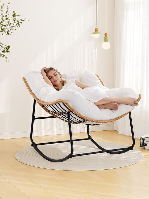 Silla mecedora tipo Papasan para interior y exterior, tamaño grande, con cojín acolchado de doble cara, estructura de ratán sintético, ideal para lectura, descanso, balcón, jardín, terraza y sala de estar.