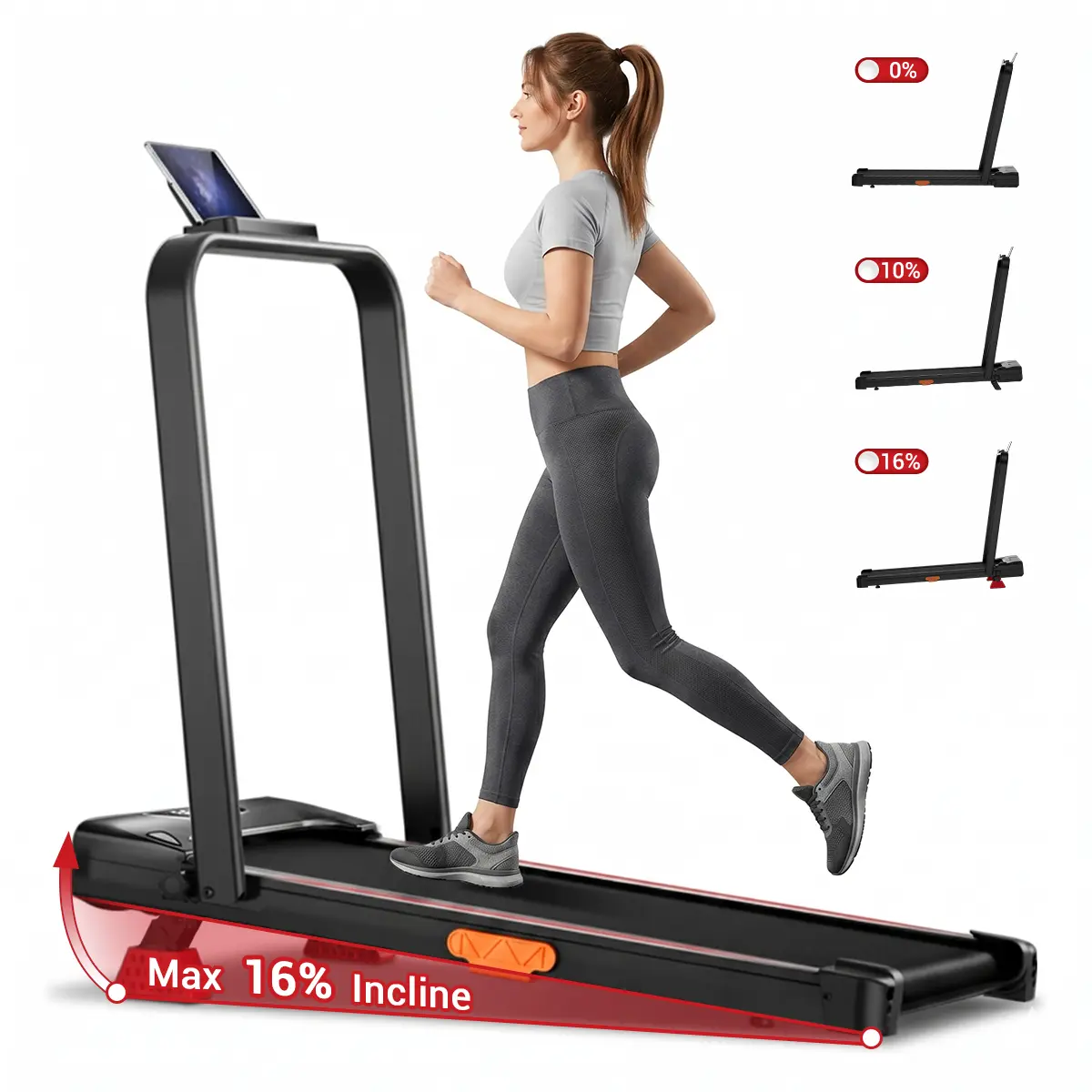 Caminadora plegable para hogar y oficina, inclinación del 16%, con pasamanos, capacidad de hasta 136 kg (300 lb), ideal para caminar y ejercitarse en interiores.