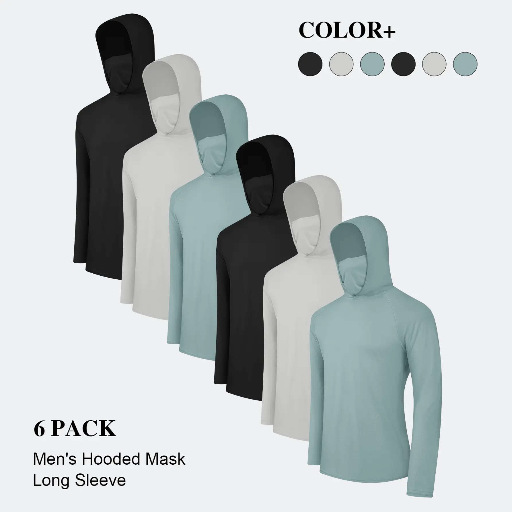 Paquete de 6 sudaderas ligeras para hombre con capucha y cubrebocas, secado rápido, transpirables, protección solar UPF, manga larga, ideales para trabajo, deporte y actividades al aire libre.