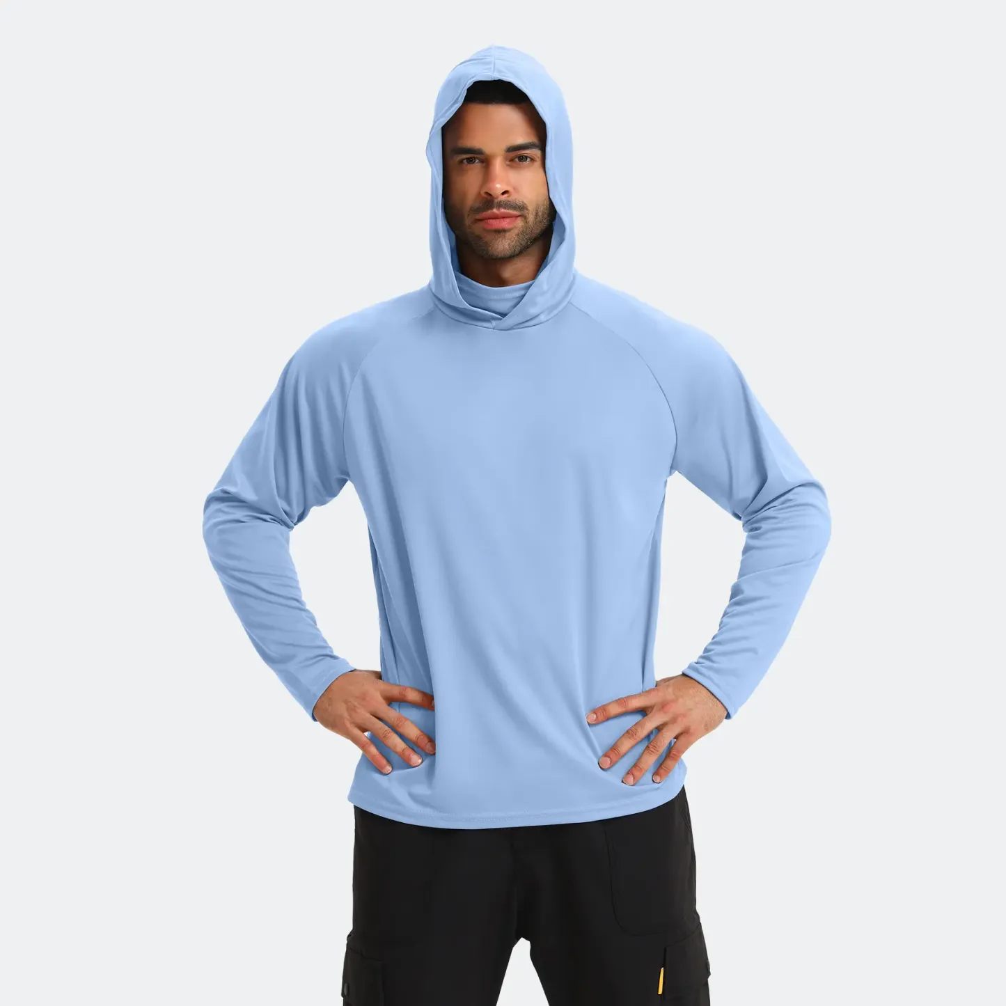 Paquete de 6 sudaderas ligeras para hombre con capucha y cubrebocas, secado rápido, transpirables, protección solar UPF, manga larga, ideales para trabajo, deporte y actividades al aire libre.