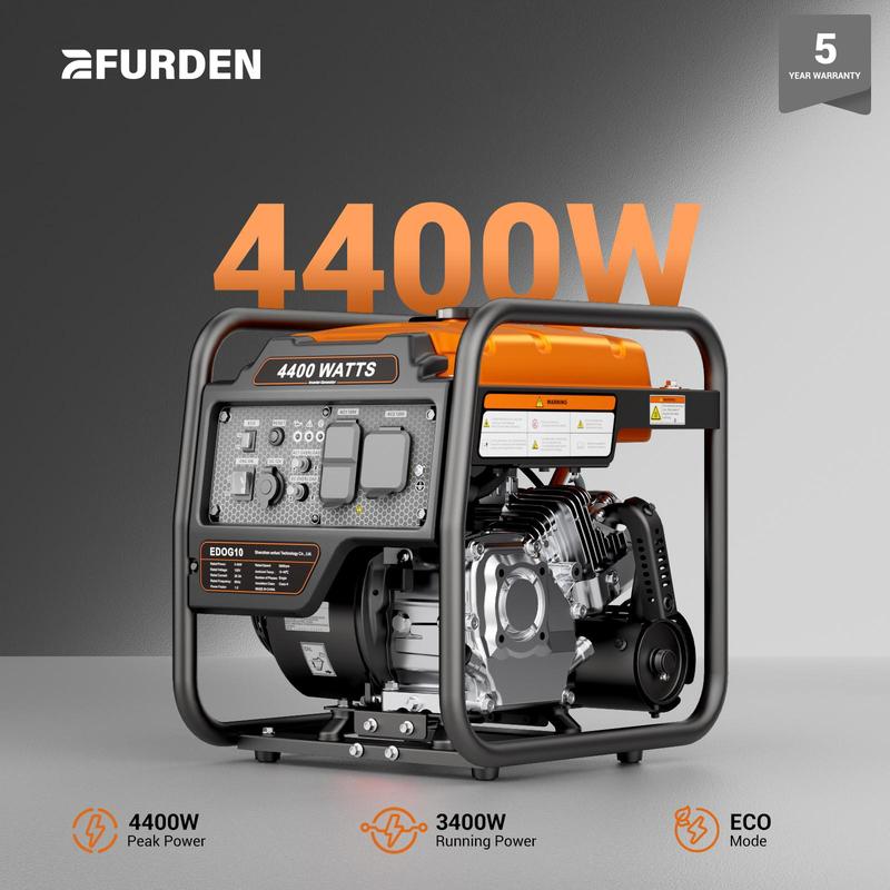 Generador inverter de 4400 W, tipo marco abierto a gasolina, ideal para respaldo de emergencia en el hogar. Compatible con RV, salida de 30A y certificado EPA.