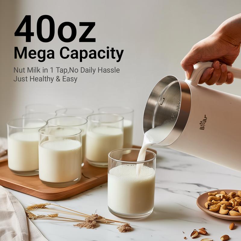 Máquina para leche vegetal 8 en 1 de 1.2 L (40 oz), prepara leche de soya, almendra y avena, con autolimpieza, inicio programado de 12 h, función para mantener caliente 6 h y operación de un solo toque.
