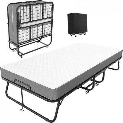 Cama plegable con colchón para adultos, cama individual portátil, plegable con ruedas, estructura de acero resistente, fácil de guardar, ideal para invitados, habitaciones y departamentos pequeños.