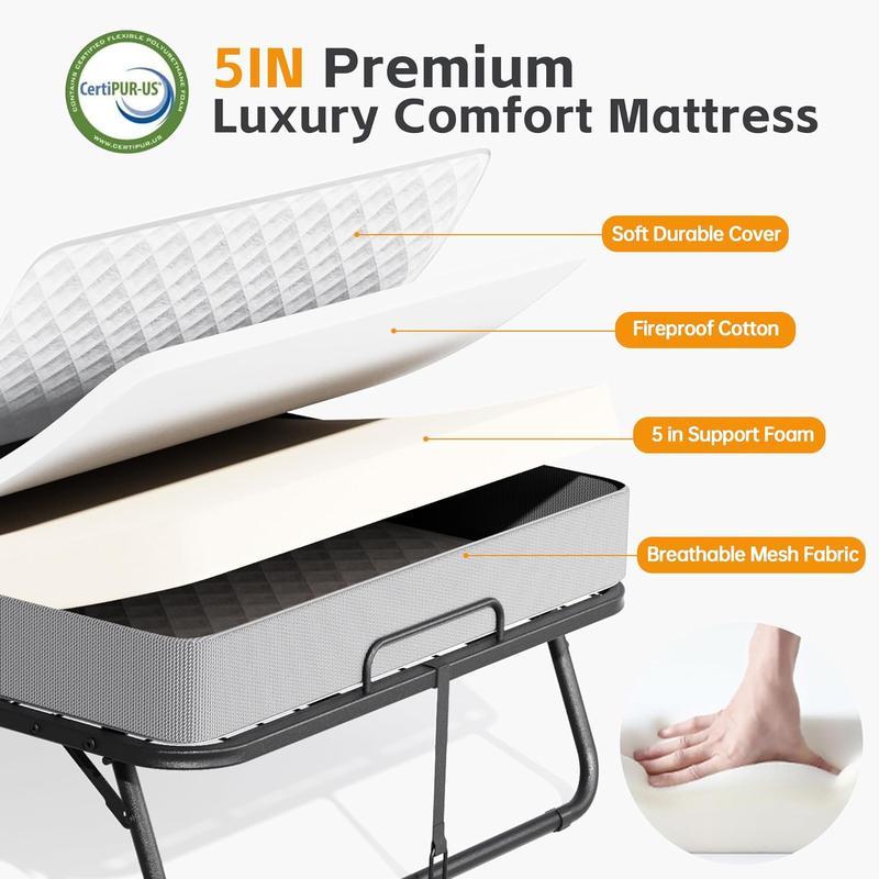Cama plegable con colchón para adultos, cama individual portátil, plegable con ruedas, estructura de acero resistente, fácil de guardar, ideal para invitados, habitaciones y departamentos pequeños.