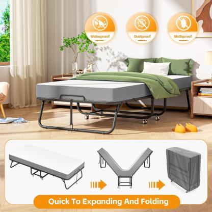 Cama plegable con colchón para adultos, cama individual portátil, plegable con ruedas, estructura de acero resistente, fácil de guardar, ideal para invitados, habitaciones y departamentos pequeños.