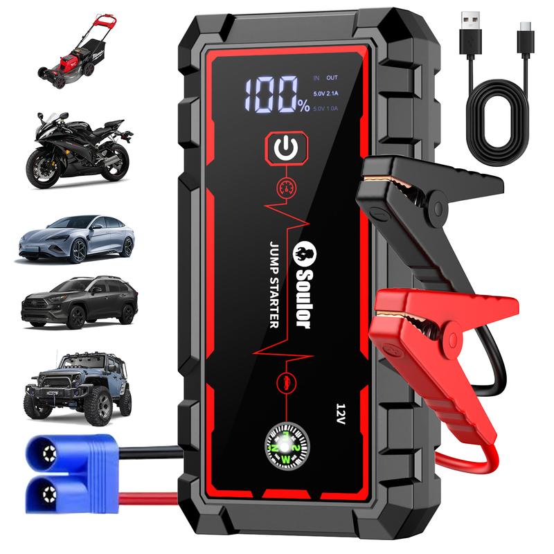 Arrancador de coche portátil 8000 mAh, booster de batería 12V con cables inteligentes, luz LED de emergencia y pantalla LCD. Ideal para autos, SUV y camionetas.