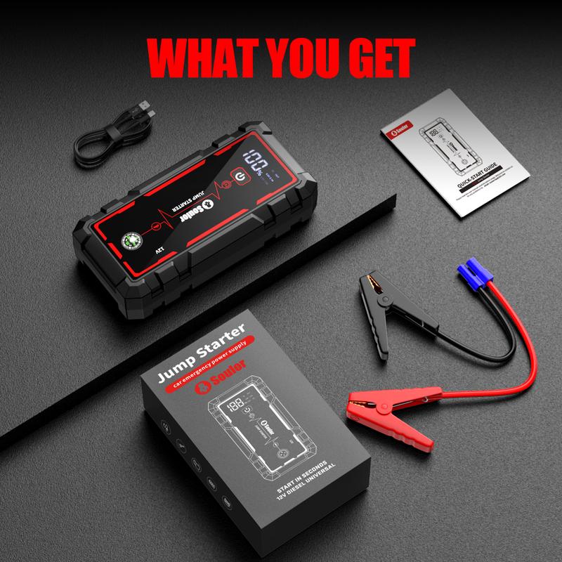 Arrancador de coche portátil 8000 mAh, booster de batería 12V con cables inteligentes, luz LED de emergencia y pantalla LCD. Ideal para autos, SUV y camionetas.