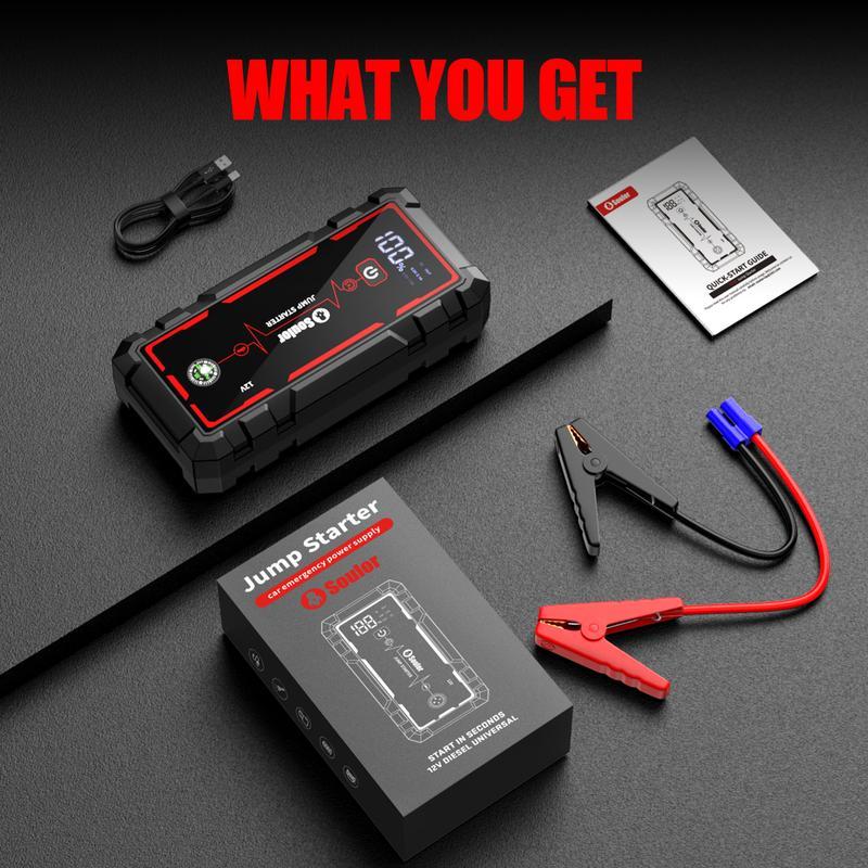 Arrancador de coche portátil 8000 mAh, booster de batería 12V con cables inteligentes, luz LED de emergencia y pantalla LCD. Ideal para autos, SUV y camionetas.
