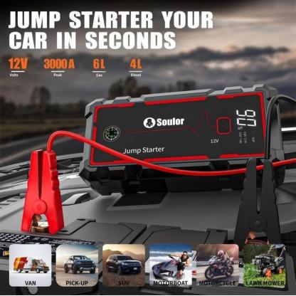 Arrancador de coche portátil 8000 mAh, booster de batería 12V con cables inteligentes, luz LED de emergencia y pantalla LCD. Ideal para autos, SUV y camionetas.