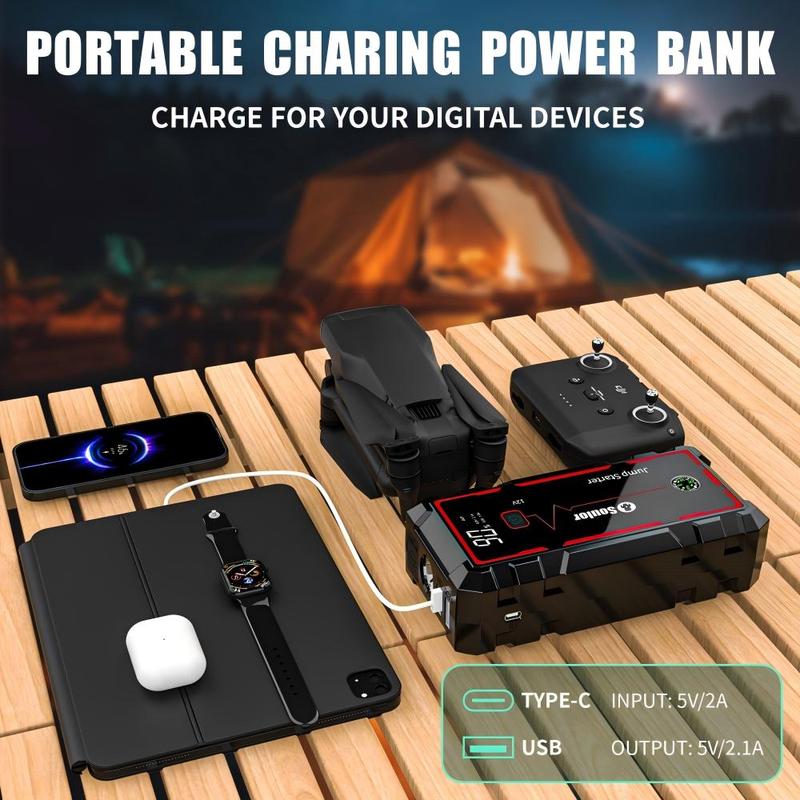 Arrancador de coche portátil 8000 mAh, booster de batería 12V con cables inteligentes, luz LED de emergencia y pantalla LCD. Ideal para autos, SUV y camionetas.