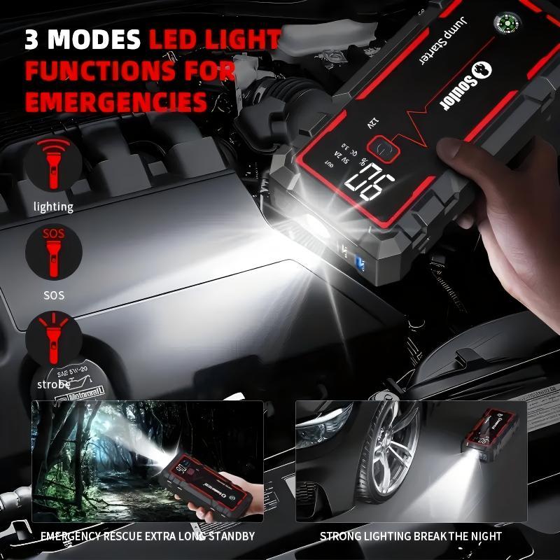 Arrancador de coche portátil 8000 mAh, booster de batería 12V con cables inteligentes, luz LED de emergencia y pantalla LCD. Ideal para autos, SUV y camionetas.