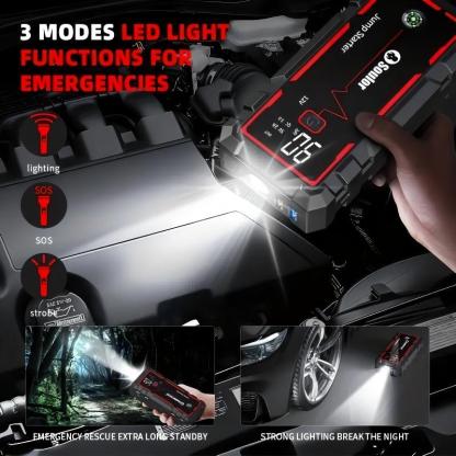 Arrancador de coche portátil 8000 mAh, booster de batería 12V con cables inteligentes, luz LED de emergencia y pantalla LCD. Ideal para autos, SUV y camionetas.