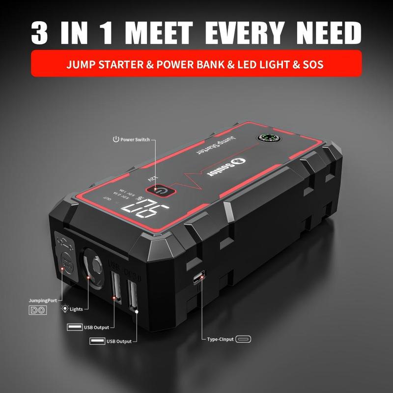 Arrancador de coche portátil 8000 mAh, booster de batería 12V con cables inteligentes, luz LED de emergencia y pantalla LCD. Ideal para autos, SUV y camionetas.